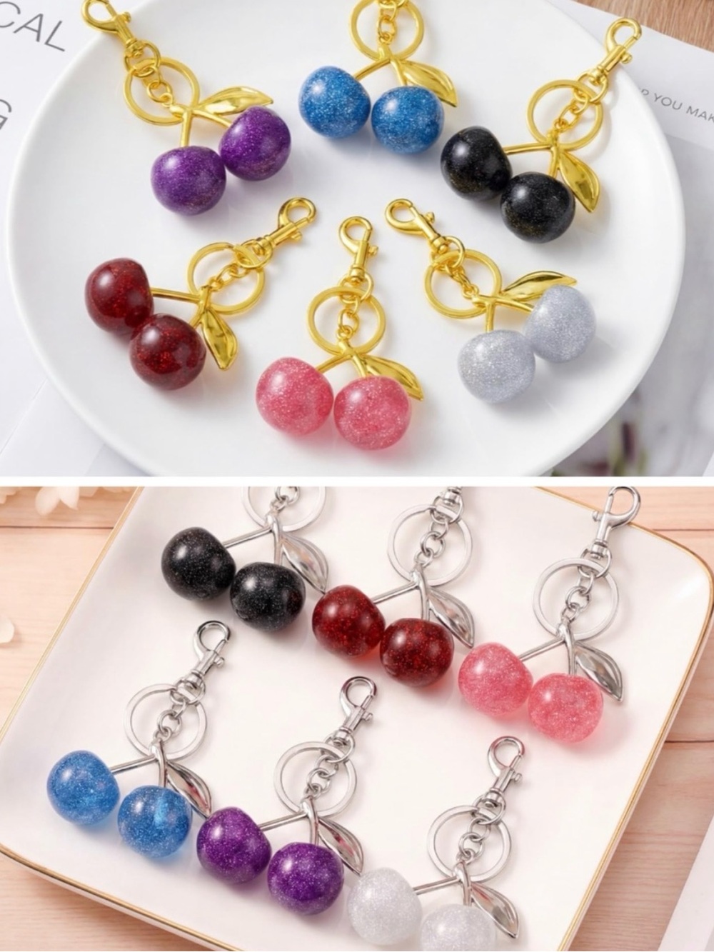 Glitter Cherry Purse Charm (NWOT) Set Of 4 #1—Black, Pink, Purple, Silver